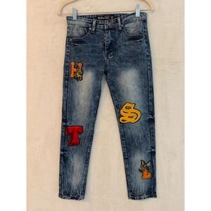 Blue Cult Girls Varsity Patch Acid Wash Jeans Size 12 Blue Denim Pants